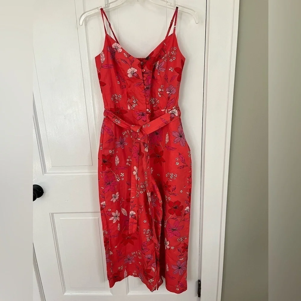 Banana Republic Cropped Linen Cotton Wide Leg Cropped Jumpsuit Red Floral Size 2